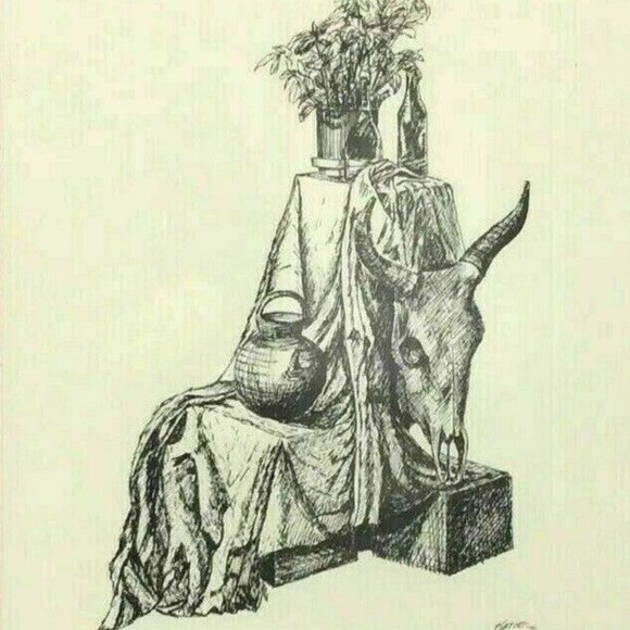 Katie Redel Pen Ink Drawing Southwestern Still Life Pottery Cow Skull Framed - Picture 3 of 7